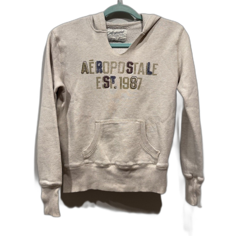 Aeropostale Y2K Hoodie Logo Pullover Cream Fleece Pocket Preppy Women sz XS